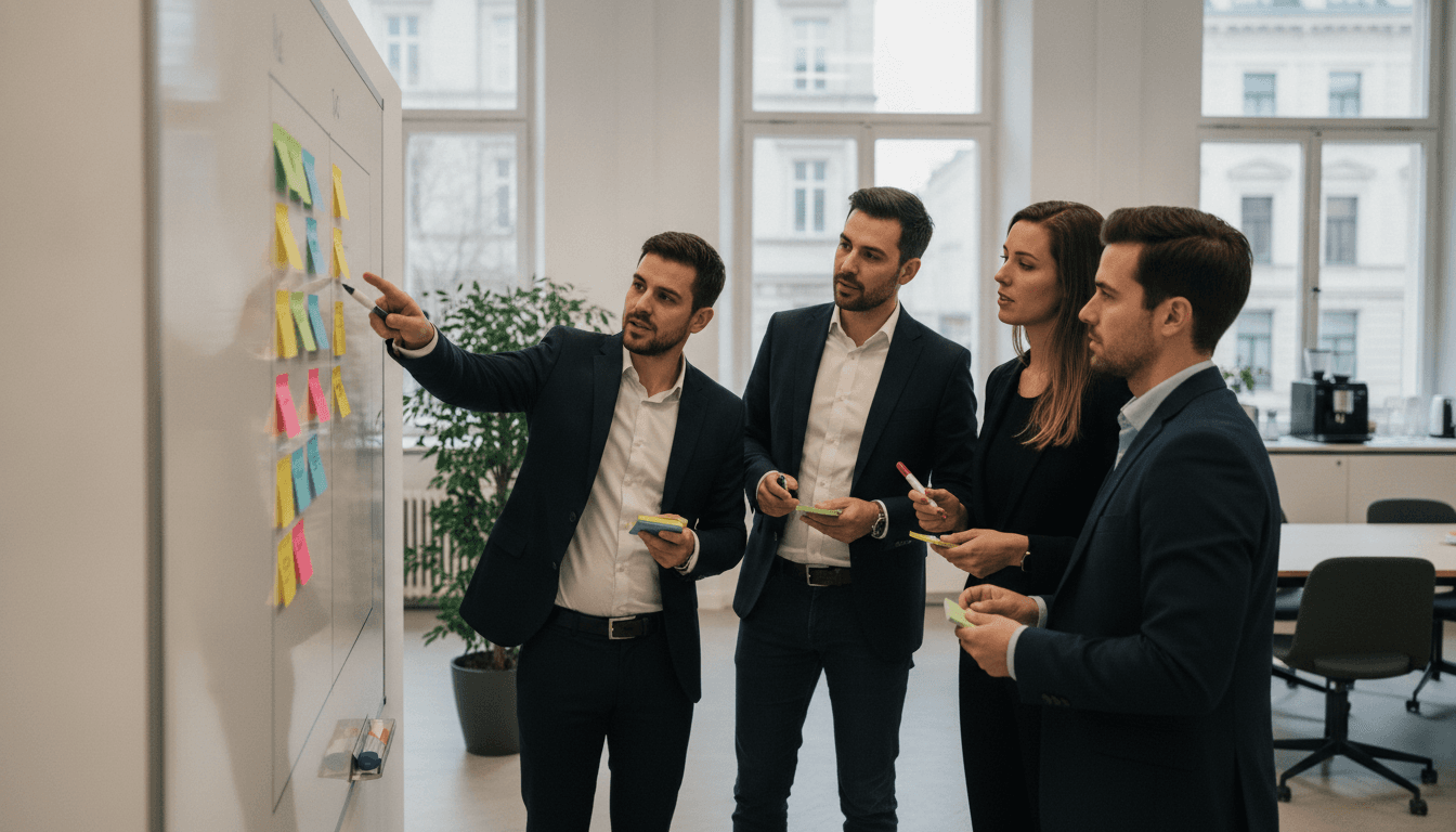 Fünf mittelständische Mitarbeiter stehen vor einem Whiteboard mit Kanban-Spalten, diskutieren engagiert und nutzen Haftnotizen, um Aufgaben zu organisieren.