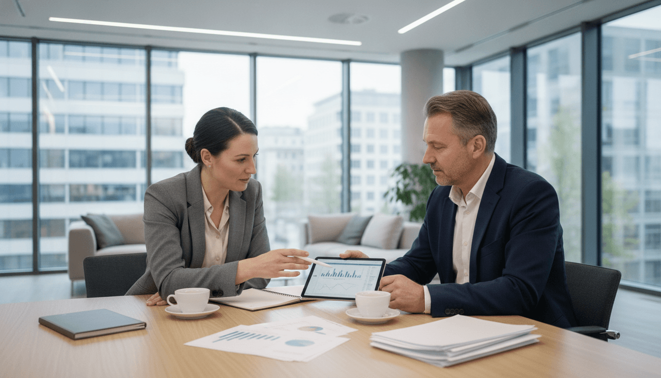 Ein mittelständischer Unternehmer bespricht mit einem Berater verschiedene Finanzierungsoptionen auf einem Tablet, im Hintergrund eine moderne Büroumgebung.