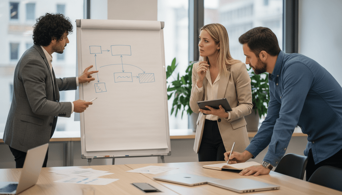 Drei Personen in einem modernen Büro arbeiten an einem Flipchart, diskutieren Diagramme und Notizen. Eine Person zeigt auf eine Skizze, während die anderen aufmerksam zuhören und Notizen machen. Die Atmosphäre ist kollaborativ und konzentriert.