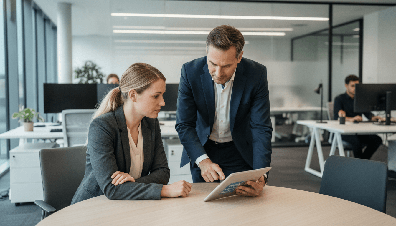 Ein mittelständischer Unternehmer sitzt vor einem Tablet in einem modernen Büro und bespricht Cloud-Strategien mit einer Beraterin. Im Hintergrund sind Mitarbeiter an Desktops zu sehen.