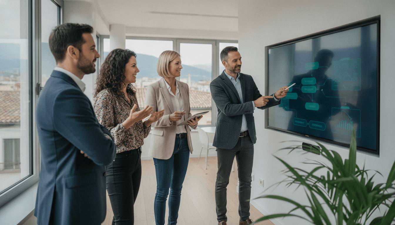 Vier Personen in einem modernen Büro, die gemeinsam auf einen großen Bildschirm schauen und Daten oder Prozesse diskutieren.
