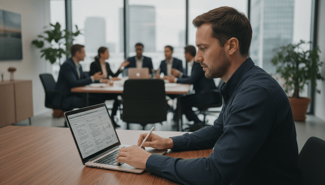 Nahaufnahme eines Unternehmers, der konzentriert an einem Laptop arbeitet, auf dem Datenschutzrichtlinien angezeigt werden, während im Hintergrund ein Teammeeting stattfindet.