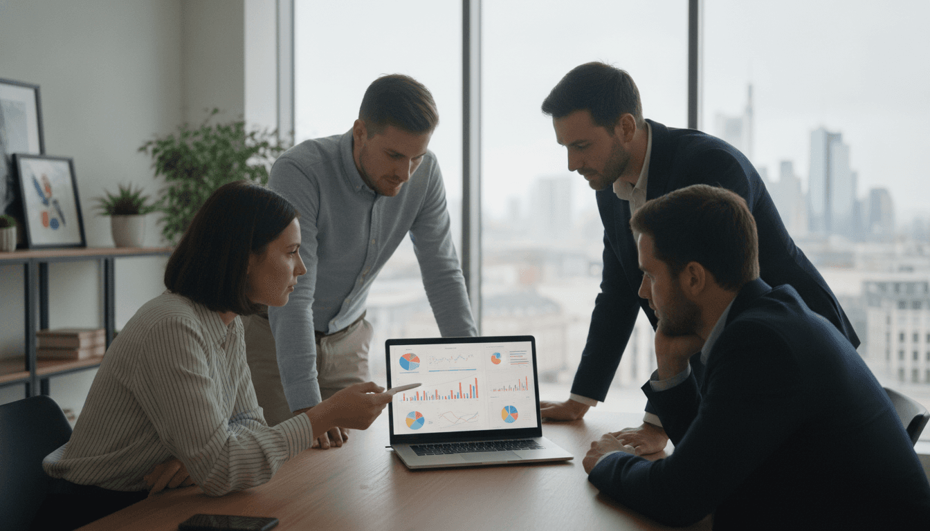 Junge Geschäftsleute in einem modernen Bürogebäude besprechen am Laptop Zahlen und Diagramme, im Hintergrund eine Skyline.