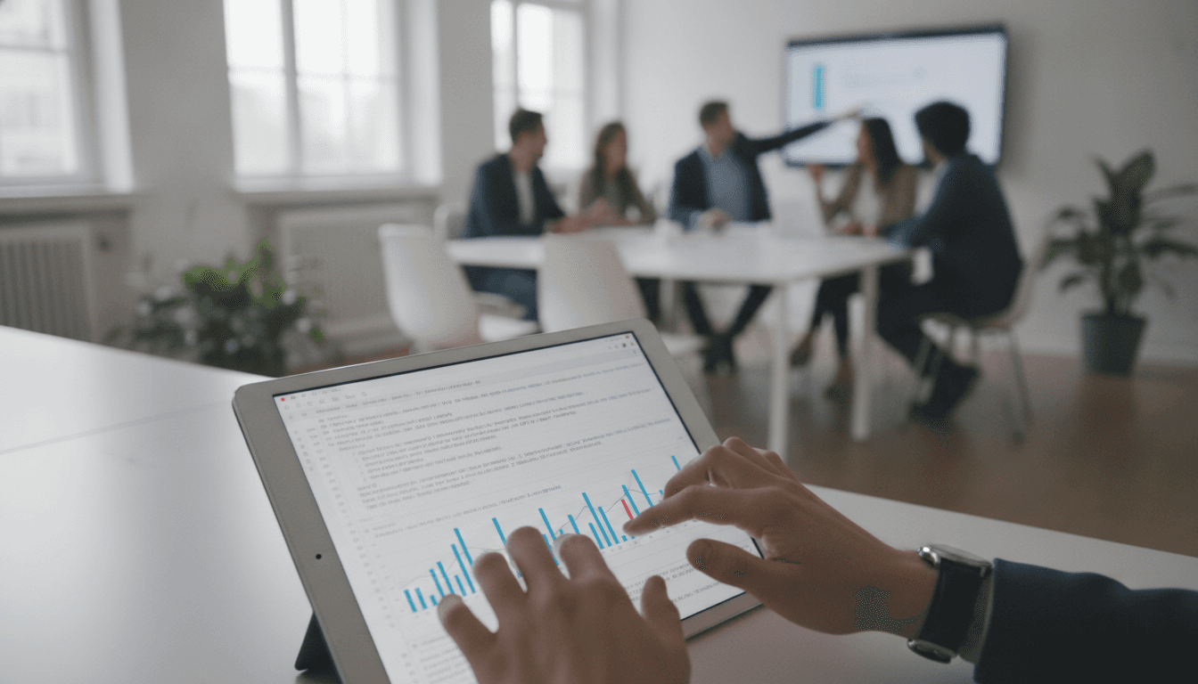 Detailaufnahme einer Person, die auf einem Tablet mit Diagrammen und Code tippt, während im Hintergrund ein Team in einem modernen Büro arbeitet.