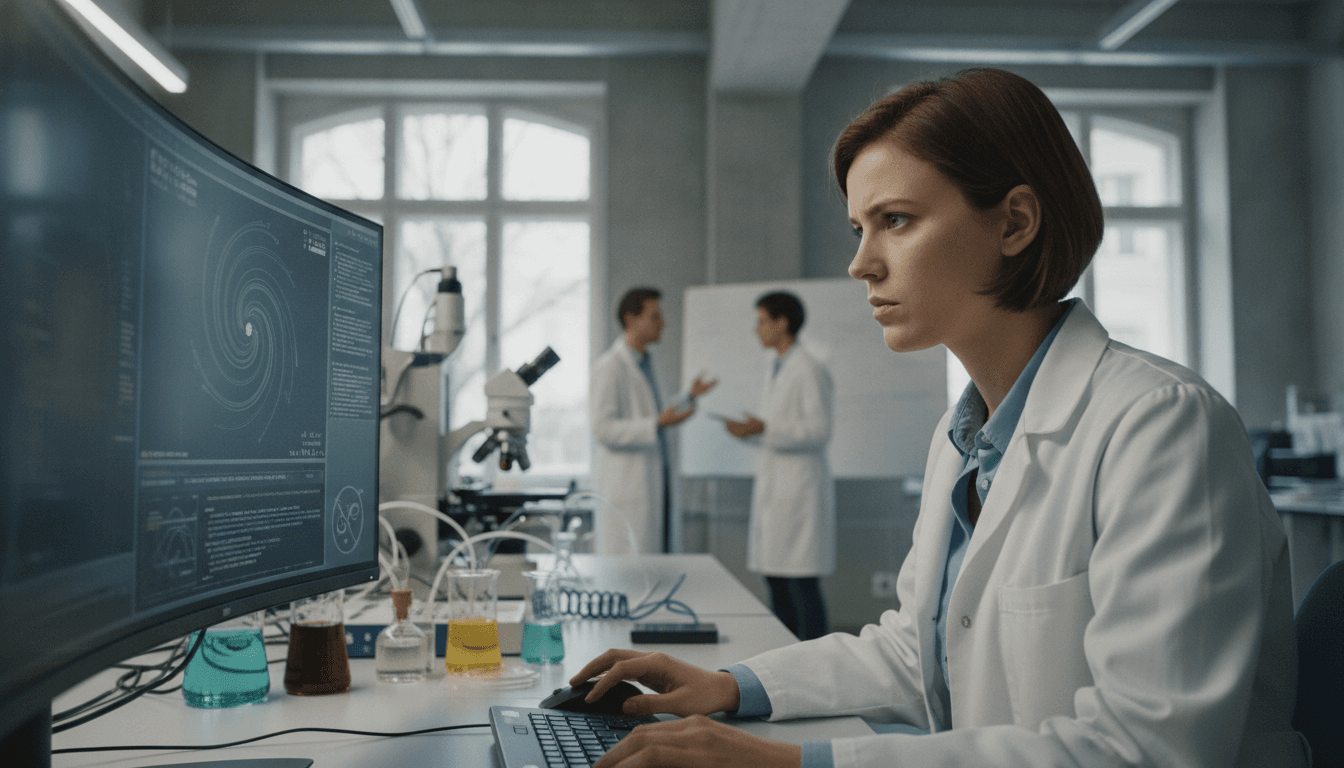 Nahaufnahme eines Ingenieurs, der an einem Computerbildschirm komplexe Daten und Diagramme analysiert, im Hintergrund ein Labor mit moderner Forschungsapparatur und zwei weitere Teammitglieder im Gespräch.