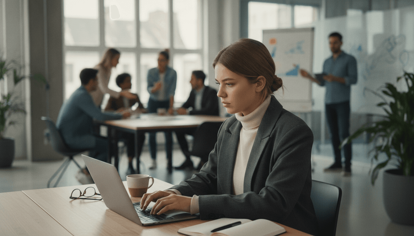 Eine junge Frau der Generation Z, fokussiert bei der Arbeit an einem Laptop in einem modernen Büro, umgeben von Teammitgliedern.