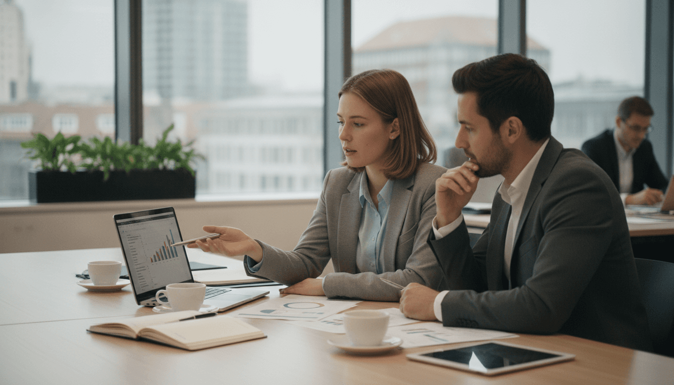Eine junge Frau und ein Mann sitzen an einem Schreibtisch mit Laptop und Notizen, diskutieren über Geschäftsunterlagen in einem modernen Büro.