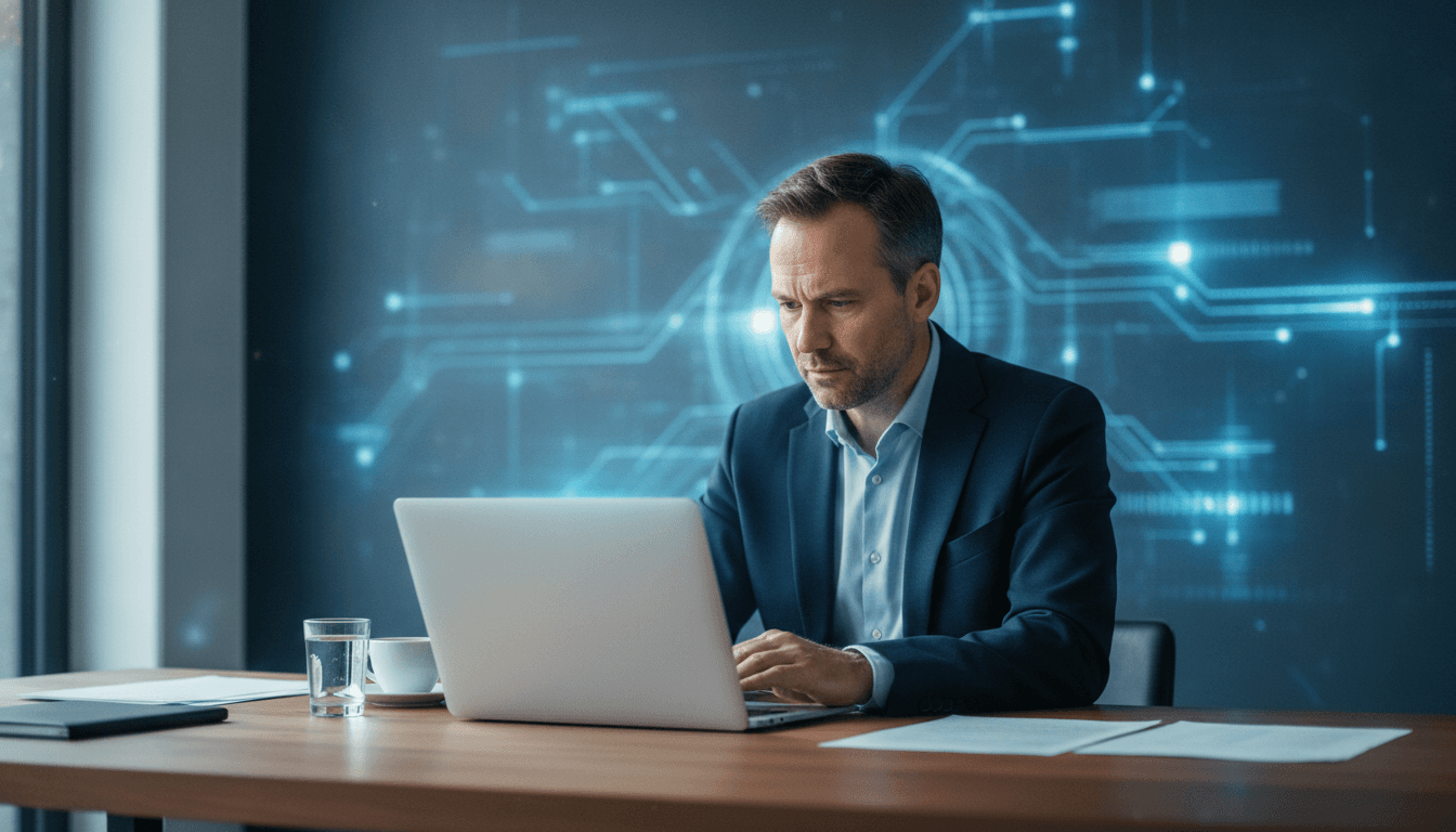 Ein Unternehmer, mittleren Alters, sitzt an einem Schreibtisch vor einem Laptop und blickt auf den Bildschirm, während eine abstrakte, blau leuchtende Visualisierung von Daten und Algorithmen im Hintergrund angedeutet wird.