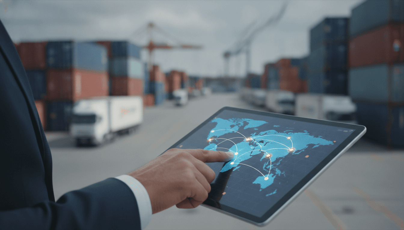 Nahaufnahme einer Hand, die auf einem digitalen Tablet eine komplexe Lieferkettenkarte mit verschiedenen Knotenpunkten und Linien in einem modernen Logistikzentrum antippt, umgeben von Containern und Lastwagen.