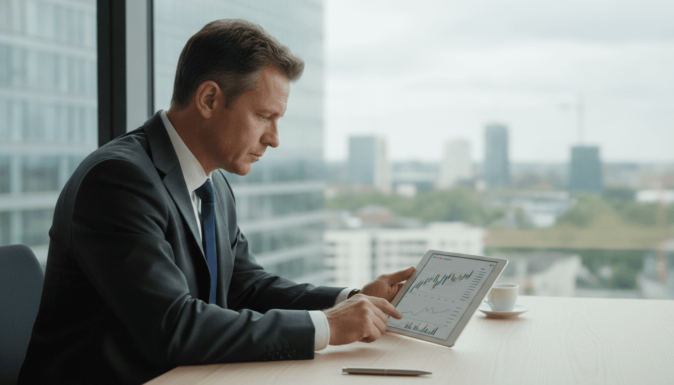 Geschäftsmann oder Unternehmer blickt konzentriert auf einen Tablet-Bildschirm, auf dem komplexe Finanzdaten und Diagramme zu sehen sind, während er in einem modernen Büro sitzt.