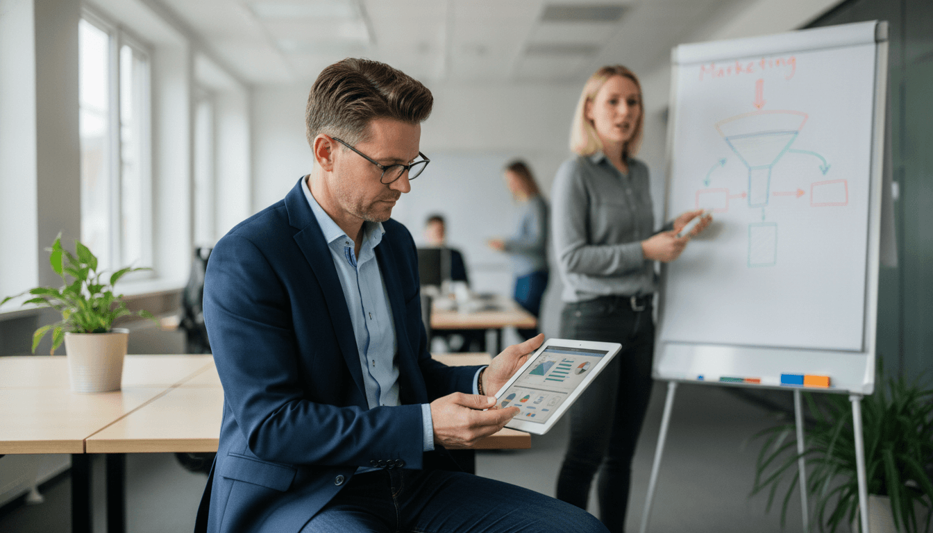 Ein Unternehmer in einem modernen Büro analysiert Daten auf einem Tablet, während im Hintergrund ein Kollege an einem Whiteboard Notizen zu Marketingstrategien macht. Fokus auf digitale Tools und Teamwork.