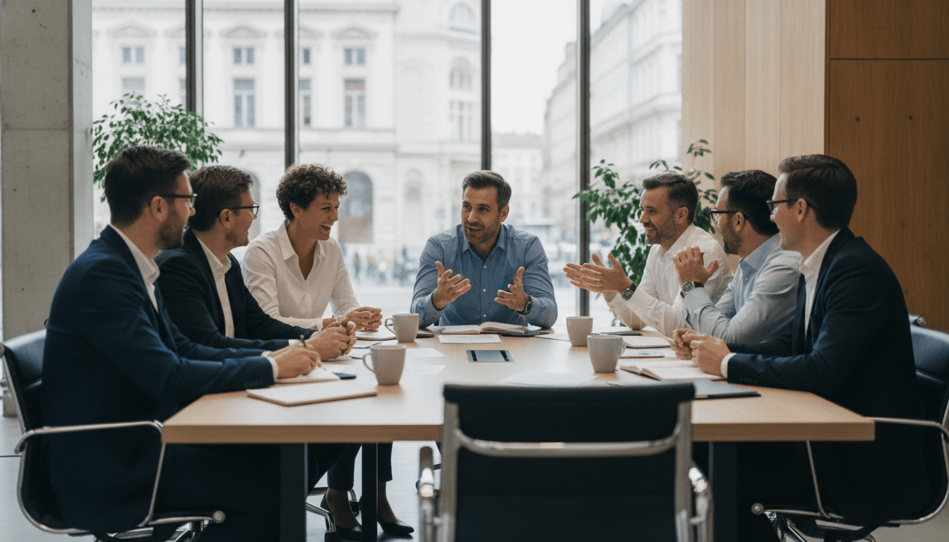 Eine Gruppe von Mitarbeitern unterschiedlichen Alters und Geschlechts sitzt an einem modernen Besprechungstisch in einem hellen Büro, lachend und engagiert in einer Diskussion.