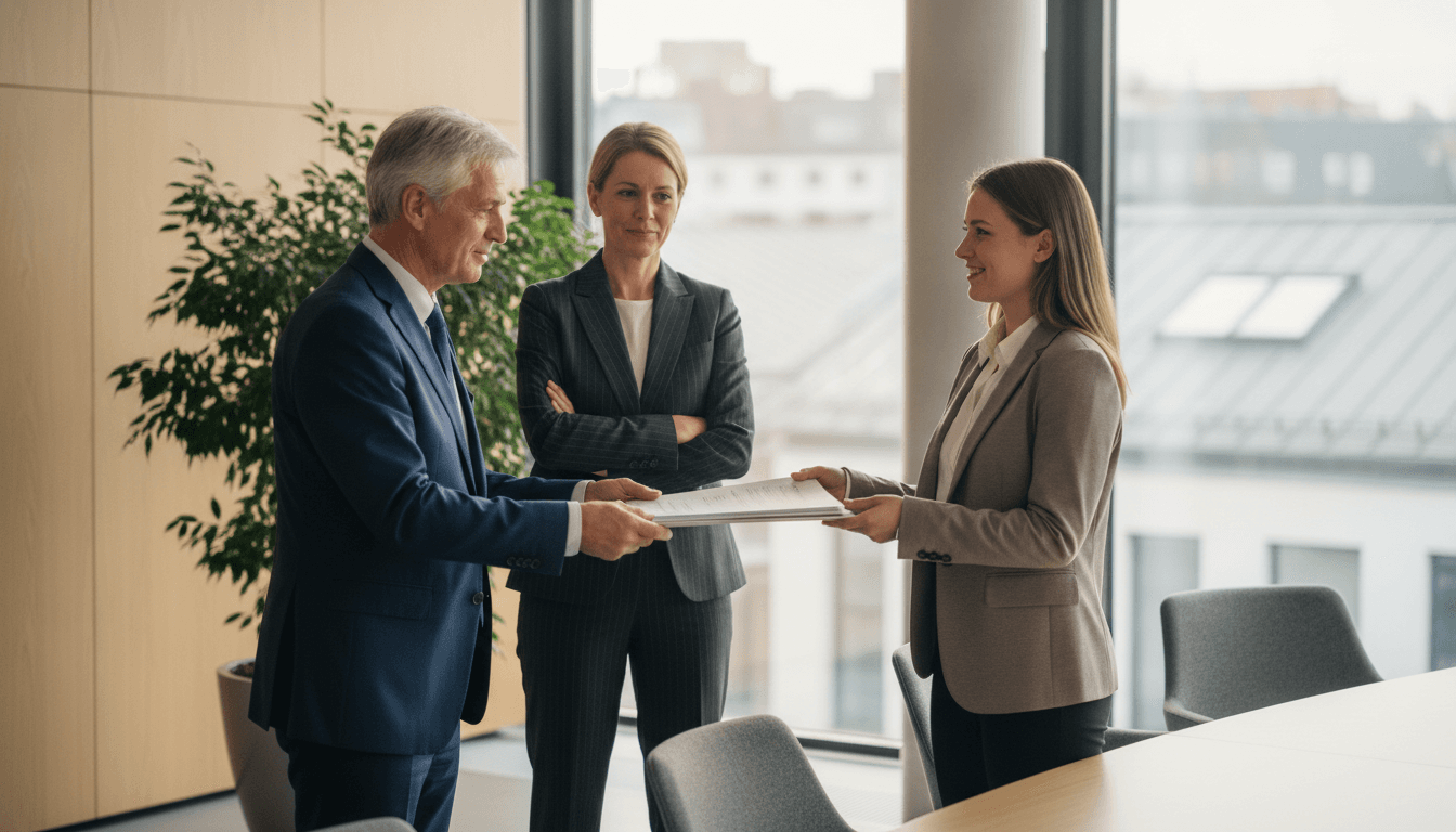 Drei Personen in einem modernen Büro. Eine ältere Person (vermutlich der Gründer) übergibt symbolisch Unterlagen an eine jüngere Person (Nachfolger), während eine dritte Person (Berater) daneben steht und berät.
