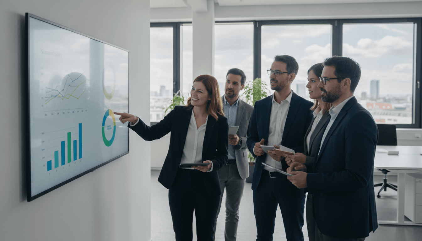 Eine Gruppe von Geschäftsleuten unterschiedlichen Alters bespricht in einem modernen, hellen Bürokontext unternehmerische Nachhaltigkeitsstrategien vor einer großen digitalen Tafel mit Diagrammen.