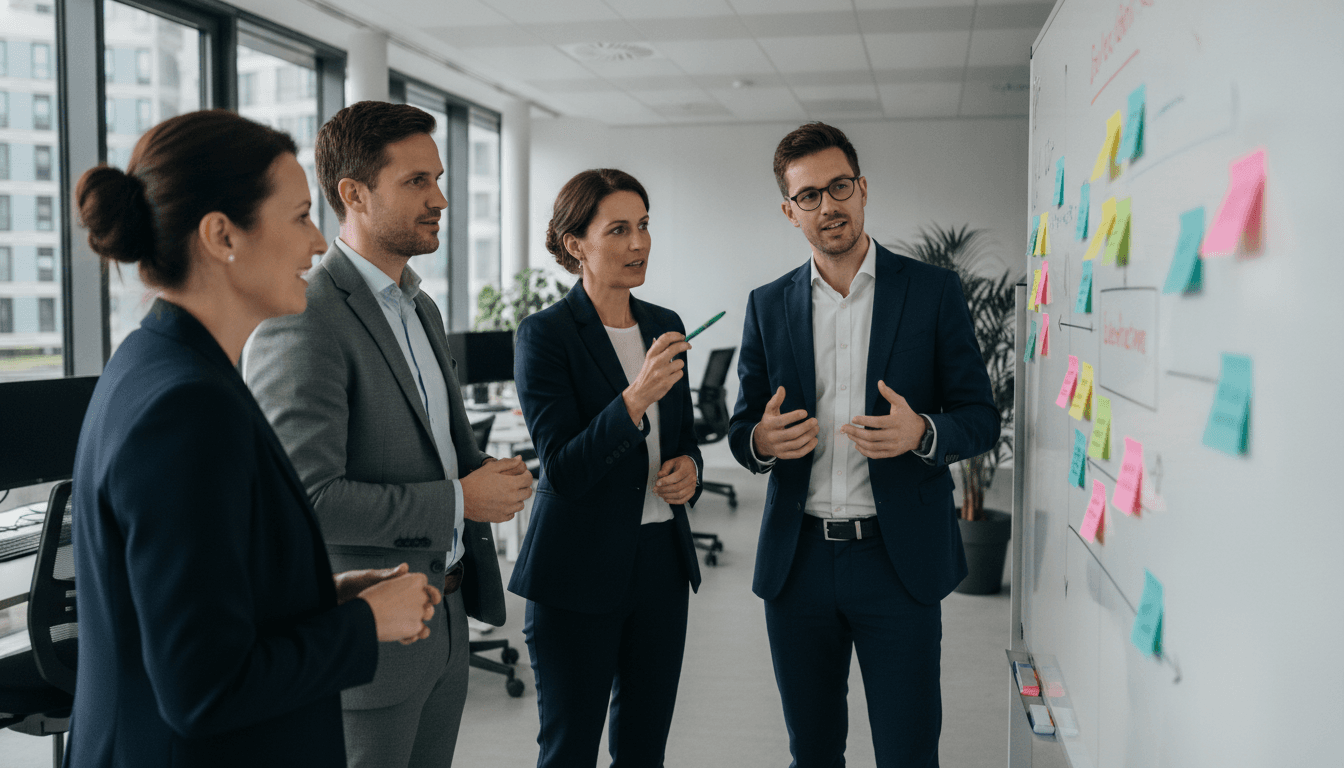 Eine Gruppe von Mitarbeitern diskutiert vor einem Whiteboard mit Prozessabläufen und Diagrammen in einem modernen Büro.