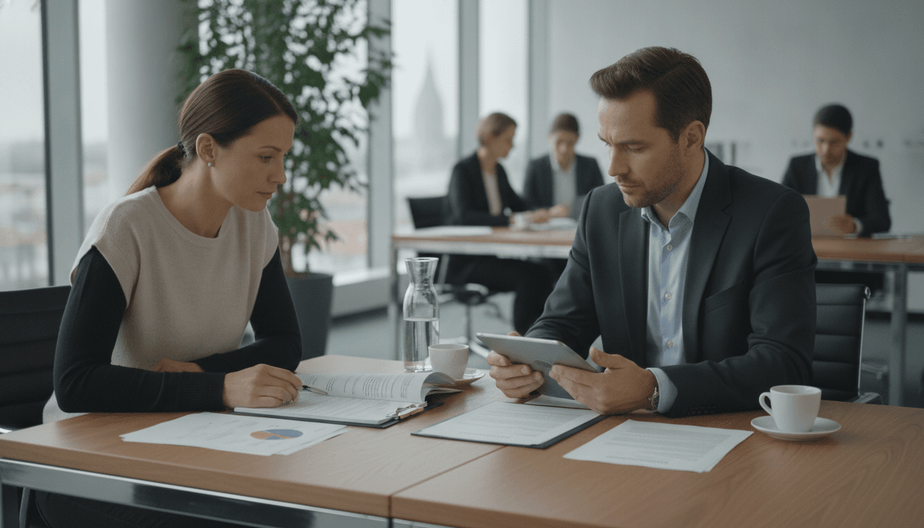 Ein Geschäftsmann und eine Geschäftsfrau sitzen in einem modernen Büro und besprechen Vertragsdokumente auf einem Tablet und ausgedruckten Papieren.