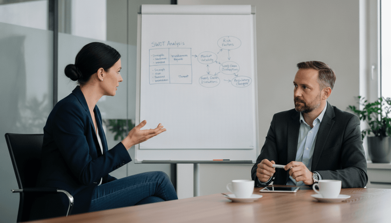 Eine Unternehmerin und ihr Berater diskutieren vor einem Whiteboard, auf dem eine SWOT-Analyse und Risikofaktoren skizziert sind.