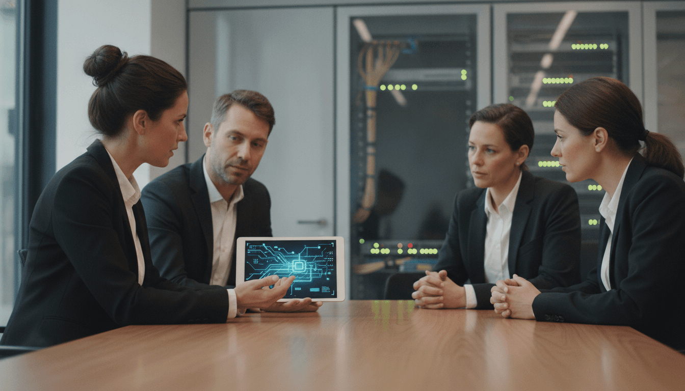 Ein IT-Sicherheitsexperte zeigt einem kleinen Team von Unternehmern an einem Tablet Sicherheitskonzepte und Datenflussdiagramme. Im Hintergrund sind Serverracks angedeutet.