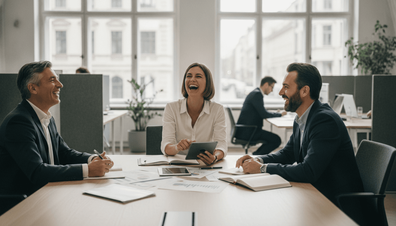 Ein diverses Team von drei Kollegen, unterschiedlichen Alters und Geschlechts, sitzt lachend an einem Konferenztisch in einem hellen, modernen Büro und bespricht ein Projekt.
