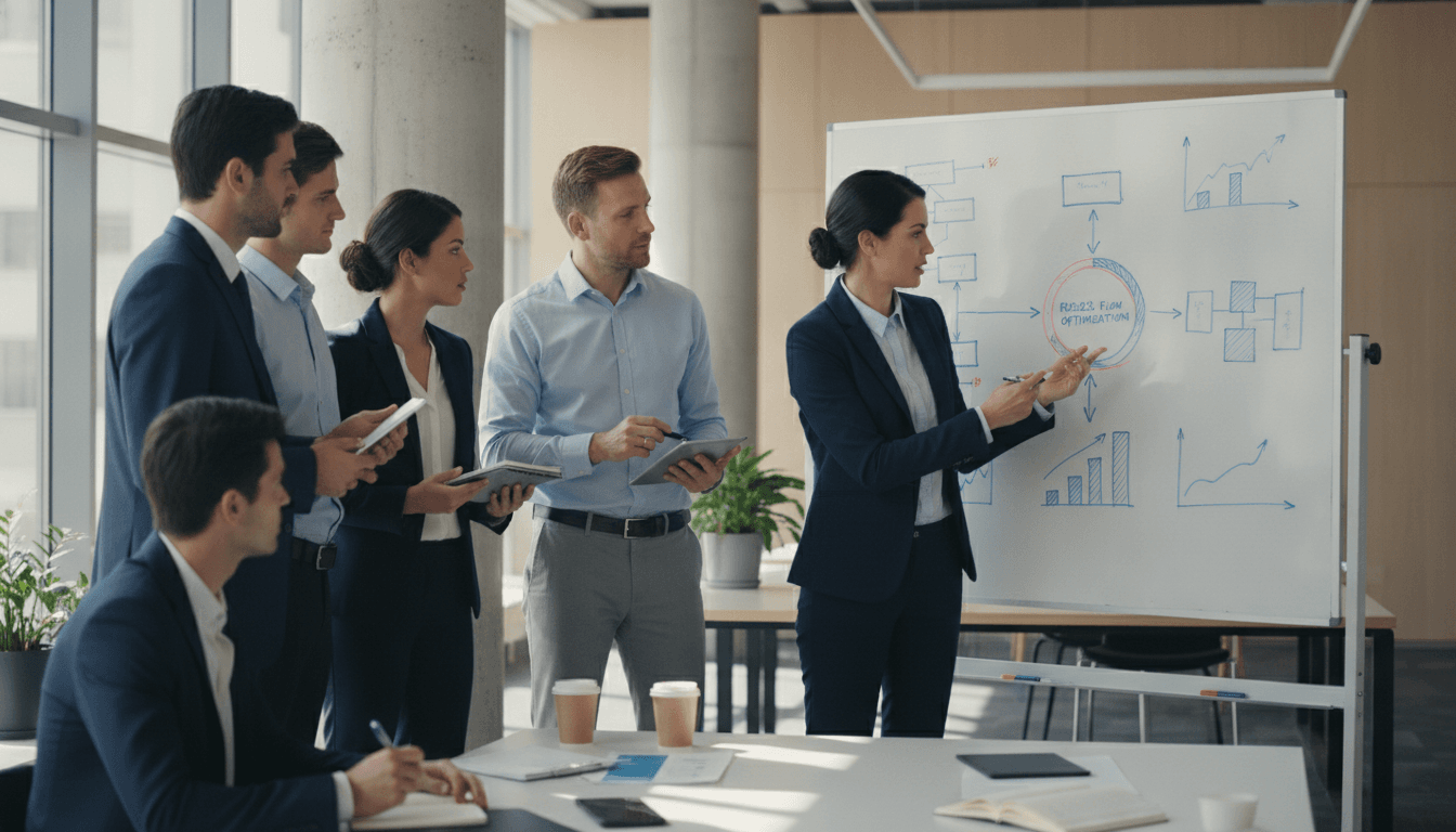 Eine Gruppe von Managern analysiert vor einem Whiteboard mit Diagrammen und Kennzahlen Geschäftsprozesse in einem modernen Büro.