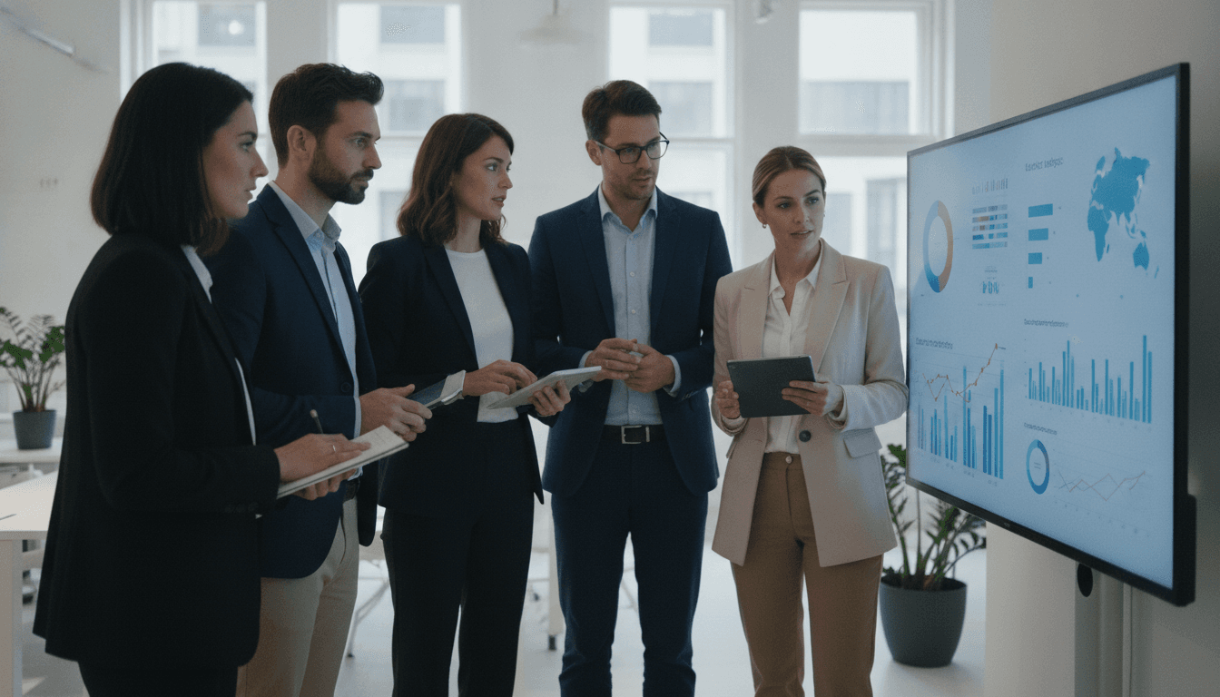 Ein Team von Geschäftsleuten sitzt vor einem großen Bildschirm mit komplexen Datenvisualisierungen und diskutiert. Sie analysieren Grafiken und Diagramme, die Marktanteile, Wettbewerberprofile und Kundenfeedback darstellen.