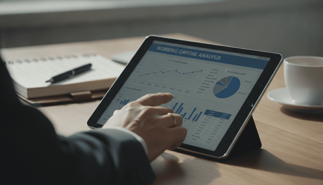 Nahaufnahme einer Hand, die auf einem Tablet einen Finanzbericht mit Grafiken zum Working Capital analysiert, im Hintergrund ein offenes Notizbuch und ein Stift.