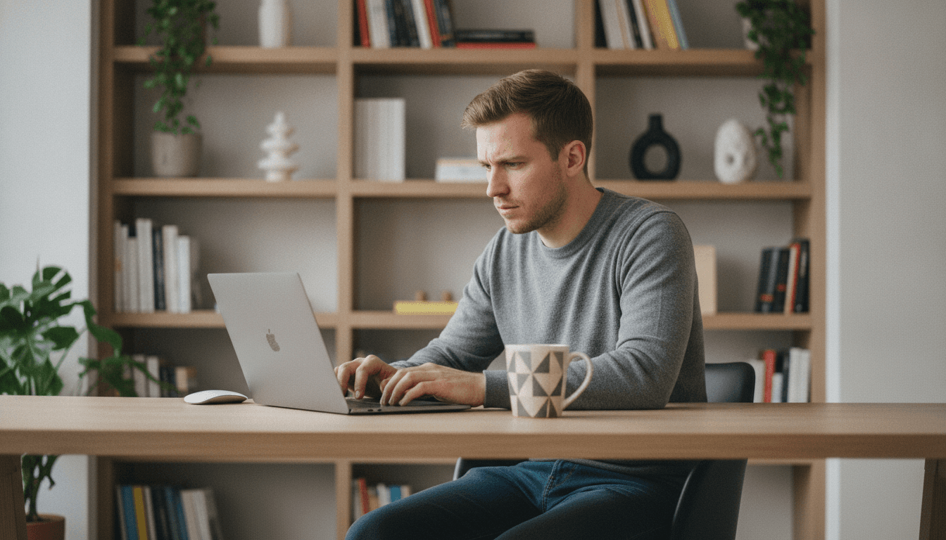 Eine junge Frau arbeitet konzentriert an einem Laptop in einem modernen Homeoffice, im Hintergrund ist ein Bücherregal zu sehen.